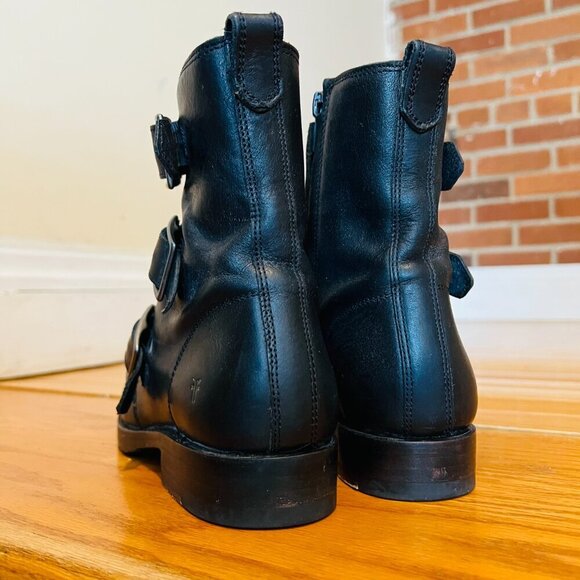 Frye Biker Chelsea Boots Combat Moto Natalie Triple Buckle Black Leather 6.5 B - Picture 7 of 16